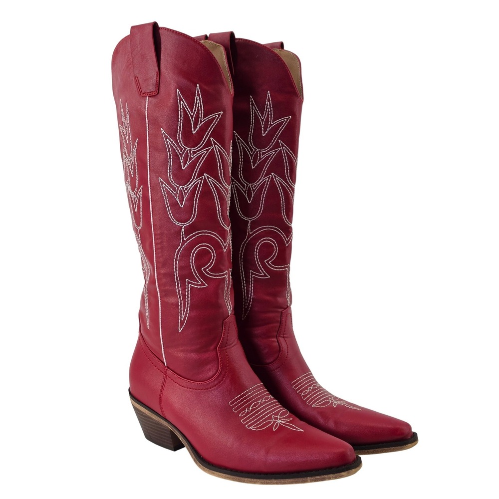 Marfa Boots Womens Red Western Cowboy Tall Boots White Stitching US 6.5